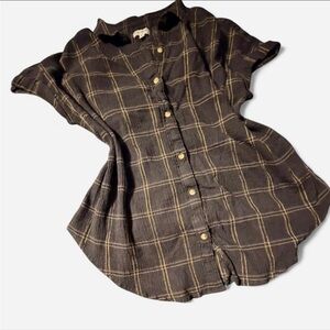 Wonderly Women’s Black and Yellow Plaid Button Up Short Sleeve Blouse Size XL